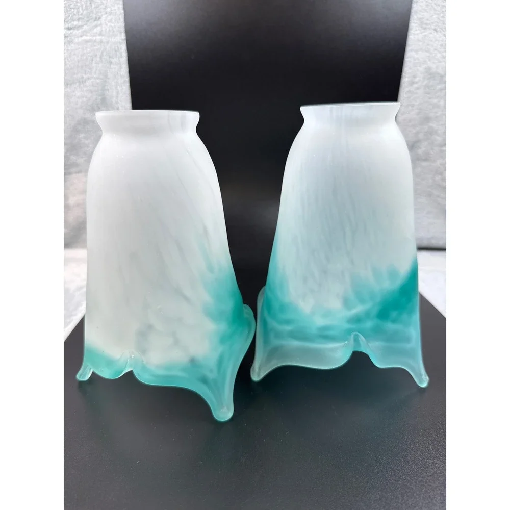 2 Frosted Glass Lamp Shades Turquoise Teal/Cyan White Ombre Handkerchief Ruffled